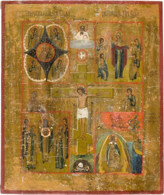 Bild VIERFELDER-IKONE MIT DER KREUZIGUNG, GNADENBILDERN DER GOTTESMUTTER UND HEILIGEN