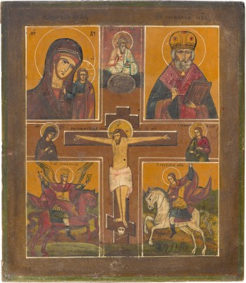 Picture VIERFELDER-IKONE MIT DER KREUZIGUNG CHRISTI, DER GOTTESMUTTER VON KASAN (KASANSKAJA) UND HEILIGEN