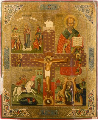 Auktion 156<br>GROSSFORMATIGE VIERFELDER-IKONE MIT DER KREUZIGUNG, DER GOTTESMUTTER 'FREUDE ALLER LEIDENDEN' UND HEILIGEN