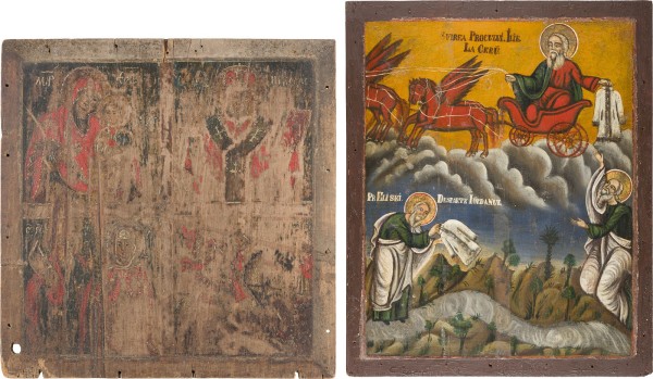 Auction 156<br>ZWEI GROSSFORMATIGE IKONEN: PROPHET ELIAS UND VIERFELDER-IKONE