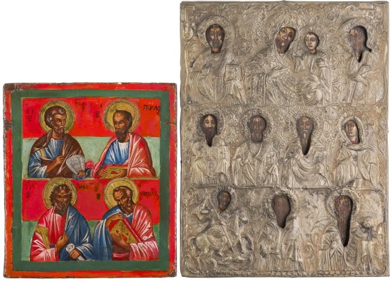 Auction 156<br>ZWEI MEHRFELDER-IKONEN MIT DER GOTTESMUTTER UND AUSGEWÄHLTEN HEILIGEN