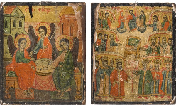 Auktion 156<br>DOPPELSEITIGES TABLETKA MIT DER ALTTESTAMENTLICHEN DREIFALTIGKEIT UND ALLERHEILIGEN