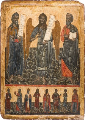 Picture GROSSFORMATIGE ZWEIFELDER-IKONE MIT JOHANNES DEM VORLÄUFER FLANKIERT VON ELIAS UND DEM APOSTEL PAULUS SOWIE HEILIGEN