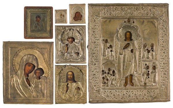 Picture SIEBEN IKONEN MIT OKLAD: CHRISTUS PANTOKRATOR, GNADENBILDER DER GOTTESMUTTER UND HEILIGE