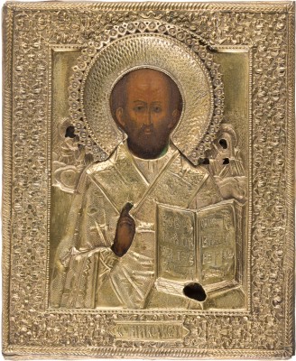 Auction 156<br>ZWEI IKONEN: GOTTESMUTTER TRICHEIROUSA UND HEILIGER NIKOLAUS VON MYRA MIT OKLAD
