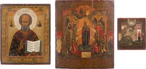 Auction 156<br>DREI IKONEN: ENTHAUPTUNG JOHANNES DES VORLÄUFERS, HEILIGER NIKOLAUS VON MYRA UND GOTTESMUTTER 'FREUDE ALLER LEIDENDEN'