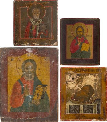 Auction 156<br>VIER KLEINE IKONEN: CHRISTUS PANTOKRATOR, HEILIGER NIKOLAUS VON MYRA UND HAUPT JOHANNES DES VORLÄUFERS