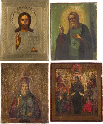 Auktion 156<br>VIER IKONEN: HEILIGER LEONTIJ VON ROSTOW, HEILIGER SERAFIM VON SAROW, CHRISTUS PANTOKRATOR UND GOTTESMUTTER 'FREUDE ALLER LEIDENDEN'