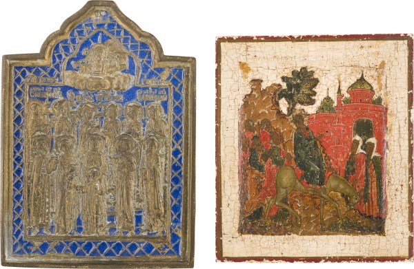 Auction 156<br>KLEINE IKONE MIT DEM EINZUG NACH JERUSALEM, TRIPTYCHON MIT DER GOTTESMUTTER UND BRONZEIKONE MIT HEILIGEN