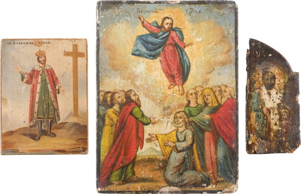 Auktion 156<br>DREI KLEINE IKONEN: HEILIGER NIKOLAUS VON MYRA, HEILIGER ALEXANDER NEWSKI UND HIMMELFAHRT CHRISTI
