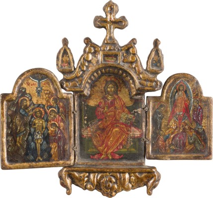 Auction 156<br>KLEINES TRIPTYCHON MIT DEM THRONENDEN CHRISTUS FLANKIERT VON DER TAUFE UND DER VERKLÄRUNG