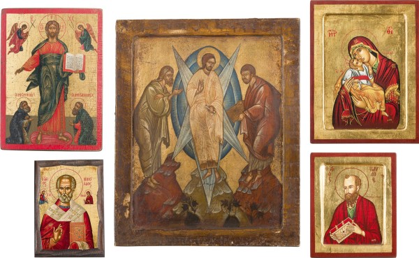 Auction 156<br>FÜNF IKONEN MIT CHRISTUS, DER GOTTESMUTTER, DER VERKLÄRUNG UND HEILIGEN