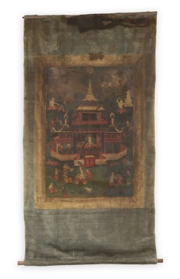Auktion 159<br>EIN THANGKA MIT DARSTELLUNG AUS DEM LEBEN DES BUDDHA