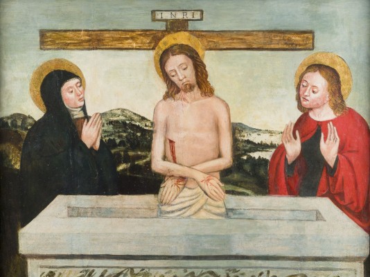 Auction 165<br>CHRISTUS IM OFFENEN SARKOPHAG STEHEND MIT DER JUNGFRAU MARIA UND DEM HEILIGEN JOHANNES