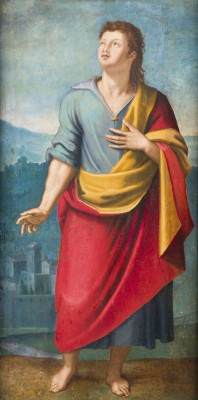 Auction 165<br>DER HEILIGE JOHANNES EVANGELIST AUS EINER KREUZIGUNGSGRUPPE, WOHL RECHTER FLÜGEL EINES TRIPTYCHONS