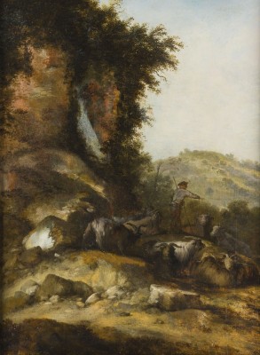 Auction 165<br>HIRTE UND SEIN VIEH IN EINER FELSIGEN LANDSCHAFT MIT WASSERFALL