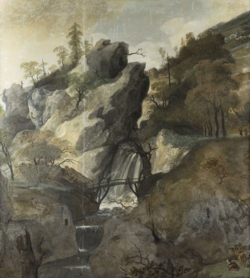 Auction 165<br>FELSLANDSCHAFT MIT WASSERFALL UND BRÜCKE