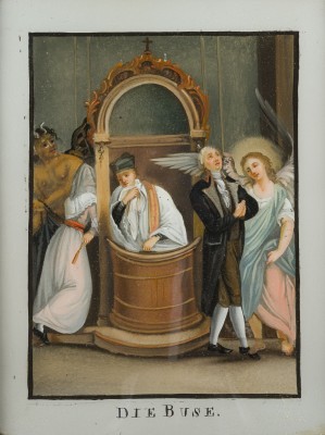 Auktion 160<br>SECHS HINTERGLASMALEREIEN 'VATER UNSER' UND 'SAKRAMENTE'