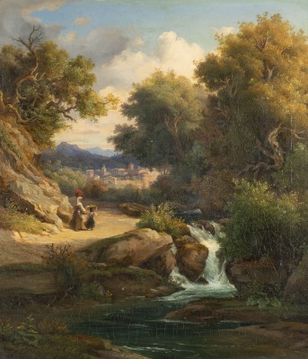 Auktion 160<br>ITALIENISCHE LANDSCHAFT MIT WILDBACH UND STADT IM HINTERGRUND