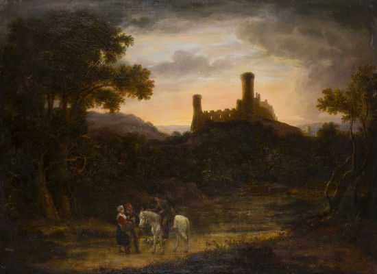 Auktion 160<br>ABENDLICHE LANDSCHAFT MIT BLICK AUF EINE BURGRUIN