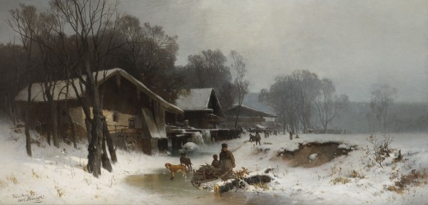 Auction 160<br>WINTERLICHE DORFLANDSCHAFT MIT GEFRORENEM FLUSS, 1875