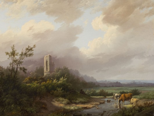 Auction 160<br>WEITE LANDSCHAFT MIT RUINEN UND KÜHEN AN DER FURT, 1845