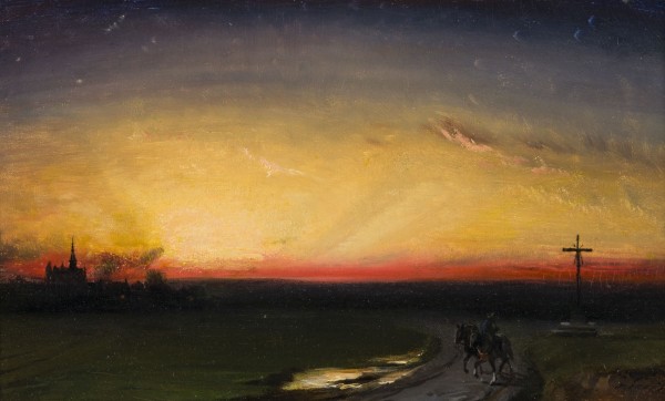 Auktion 160<br>ABENDROT ÜBER EINER LANDSCHAFT MIT BURG UND WANDERERN