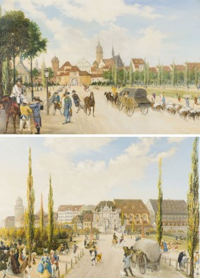 Auktion 160<br>ZWEI LEIPZIG-ANSICHTEN: 'GRIMMAISCHES THOR ZU LEIPZIG IM JAHRE 1774' / 'PETERSTHOR ZU LEIPZIG IM JAHRE 1723'. um 1882.