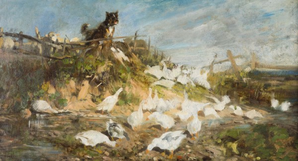 Auktion 160<br>SCHÄFERHUND UND GÄNSEHERDE AN EINEM TEICH