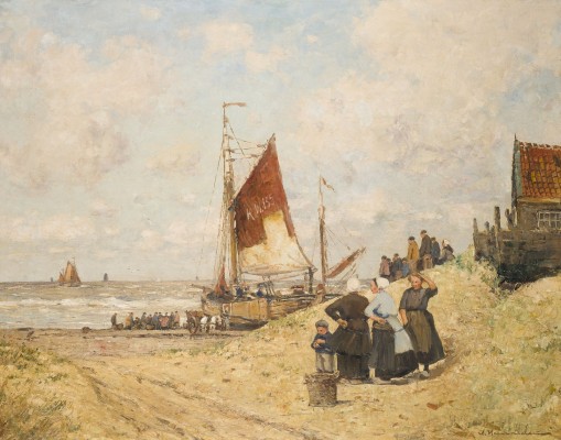 Auktion 160<br>KÜSTENANSICHT MIT SEGELBOOTEN UND FISCHERN