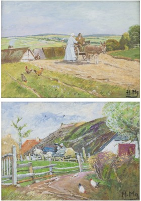 Auction 160<br>ZWEI ARBEITEN: DORFLANDSCHAFTEN MIT FUHRWERK