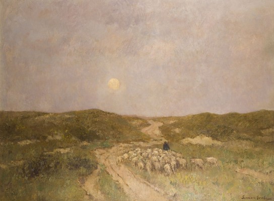 Auktion 160<br>HIRTE MIT SEINER SCHAFHERDE IN DER ABENDDÄMMERUNG