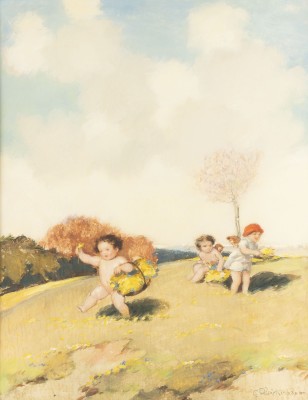 Auction 160<br>FRÜHLINGSLANDSCHAFT MIT BLUMEN PFLÜCKENDEN PUTTI
