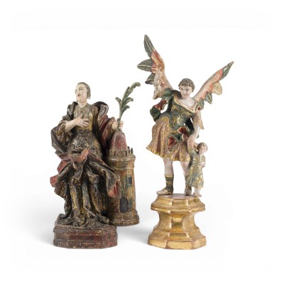 Picture ZWEI SAKRALE FIGUREN: ERZENGEL RAPHAEL UND HEILIGE BARBARA MIT TURM