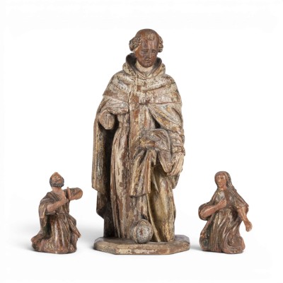 Picture KONVOLUT VON DREI SAKRALEN FIGUREN: MÖNCH UND MARIA UND JOSEF