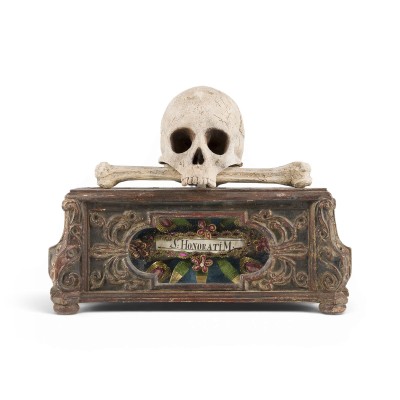 Bild MEMENTO MORI HAUSRELIQUIAR 'HEILIGER HONORATUS' MIT TOTENSCHÄDEL UND KNOCHEN