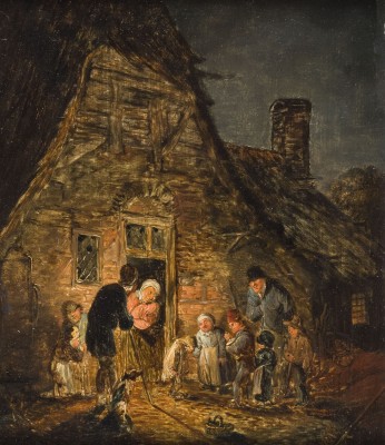 Auction 160<br>BETTELNDE KINDER MIT EINEM ROMMELPOTSPIELER VOR DER TÜR EINES BAUERNHAUSES