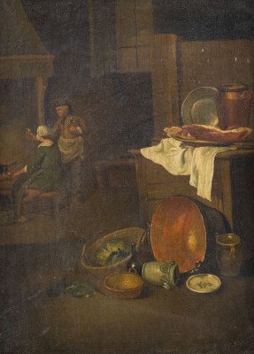 Auktion 160<br>KÜCHENINTERIEUR MIT MAGD UND KNECHT BEIM ESSEN VORBEREITEN