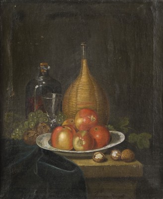 Auction 160<br>FRÜCHTESTILLLEBEN MIT WEINFLASCHE, GLAS UND KERAMIKSCHALE