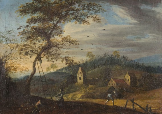 Auction 160<br>LANDSCHAFT MIT BAUERNSZENE UND DORFANSICHT