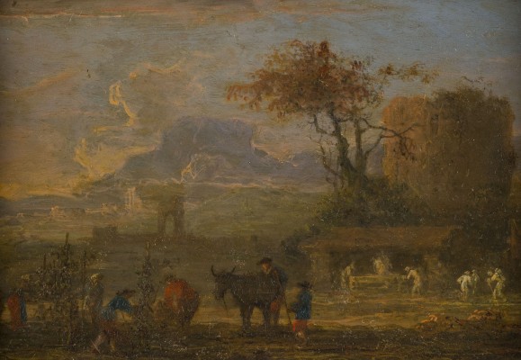 Auktion 160<br>SÜDLÄNDISCHE LANDSCHAFT MIT BAUERN UND VIEH