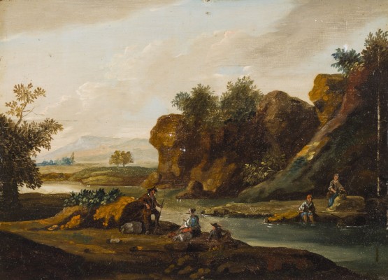 Auktion 160<br>SÜDLÄNDISCHE FLUSSLANDSCHAFT MIT FIGURENSTAFFAGE