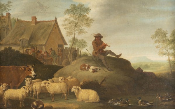 Auktion 160<br>MUSIZIERENDER HIRTE MIT VIEH VOR BAUERNSTUBE