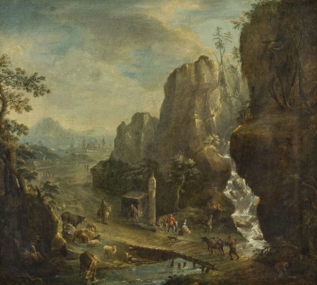 Auktion 160<br>FELSLANDSLANDSCHAFT MIT WASSERFALL, BRÜCKE UND FIGURENSTAFFAGE