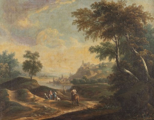 Auktion 160<br>FLUSSLANDSCHAFT MIT BAUERN UND REITERN