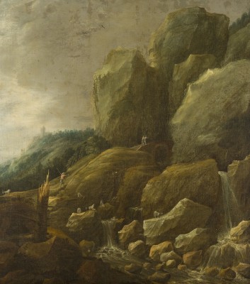 Auction 160<br>FELSLANDSCHAFT MIT WASSERFALL UND HIRTE