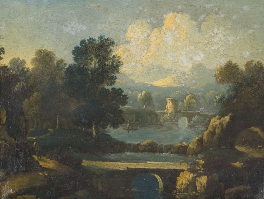 Auction 160<br>ITALIENISCHE FLUSSLANDSCHAFT MIT BRÜCKEN UND BURGRUINE