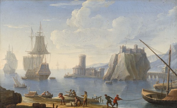 Auction 160<br>SÜDLÄNDISCHE HAFENANSICHT MIT FESTUNG UND ANKERNDEN SEGELSCHIFFEN UND BOOTEN