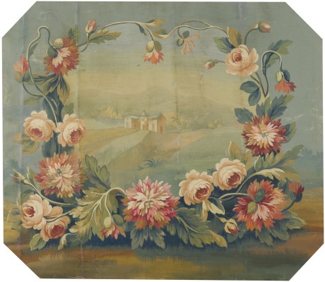 Auktion 160<br>EIN PAAR BOISERIE-GEMÄLDE MIT BLUMENKARTUSCHEN VOR IDEALISIERTEN LANDSCHAFTEN (OKTOGONAL)