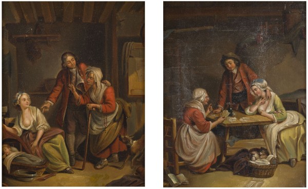 Auktion 160<br>PAAR GEMÄLDE: FAMILIE BEIM KARTENSPIELEN / DIE PRÄSENTATION DES LETZT GEBORENEN